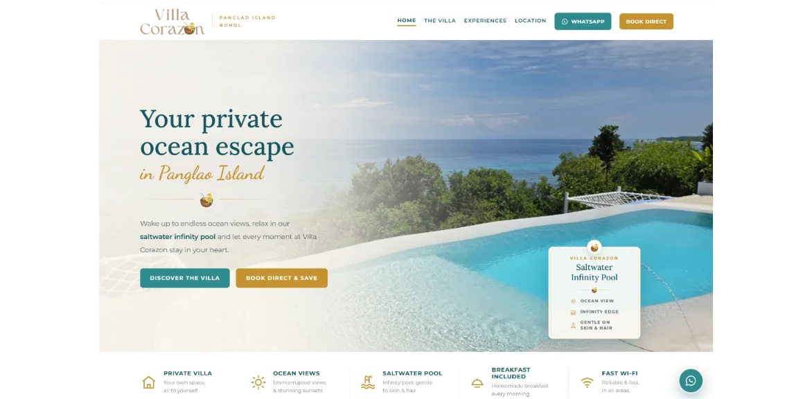 Screenshot der Website von Villa Corazón